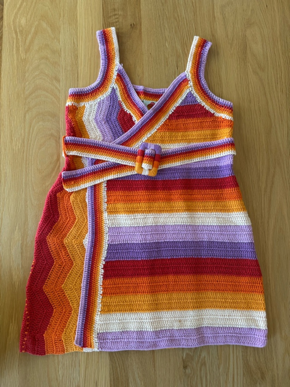 FARM Rio Crochet Wrap Mini Dress in Orange, Pink & Red Stripes - Picture 4 of 5